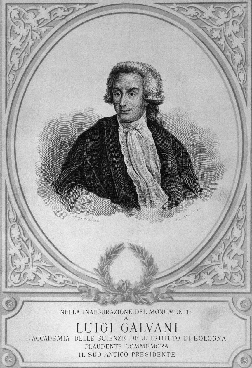 Portret Luigiego Galvaniego (1737-1798), włoskiego fizjologa, fizyka, biologa i anatoma, który odkrył elektryczność zwierząt, rysunek autorstwa Walter Charles Mills