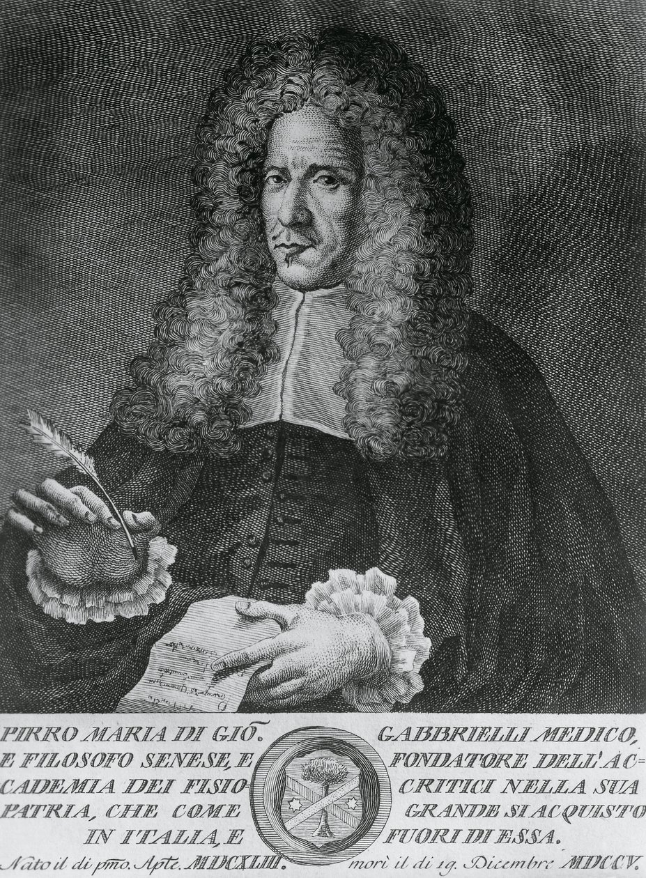 Portret Pirro Marii Gabbrielli (1643-1705), włoskiego filozofa, profesora medycyny teoretycznej i botaniki, rycina Cosimo Zocchi (czynny 1740-ca 1787) autorstwa Walter Charles Mills