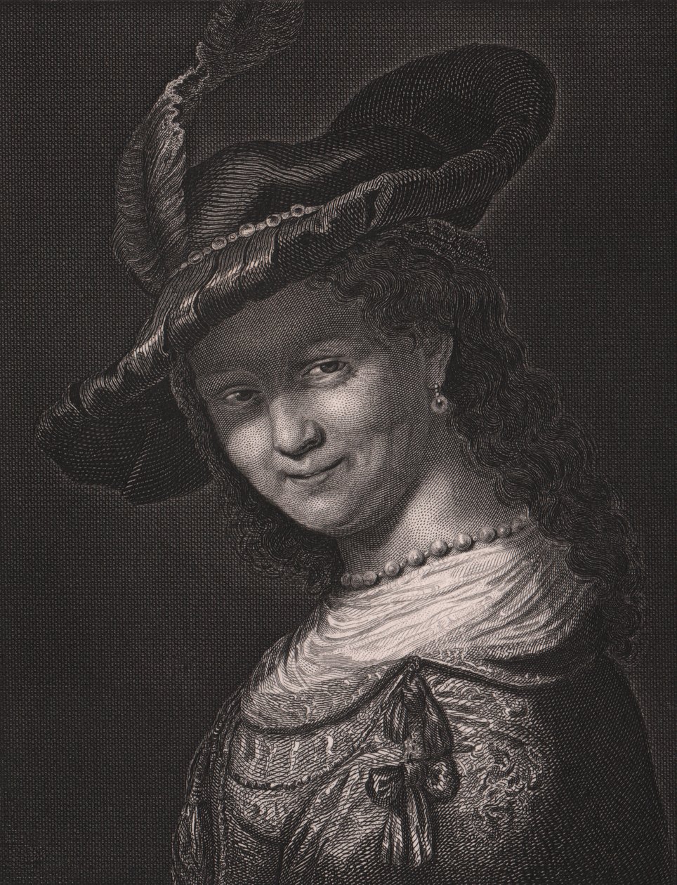 Portret Saskii van Uylenburgh (1612-1642), żony Rembrandta, rycina L Raaba z obrazu Rembrandta, z Królewskiej Galerii Drezdeńskiej Payne