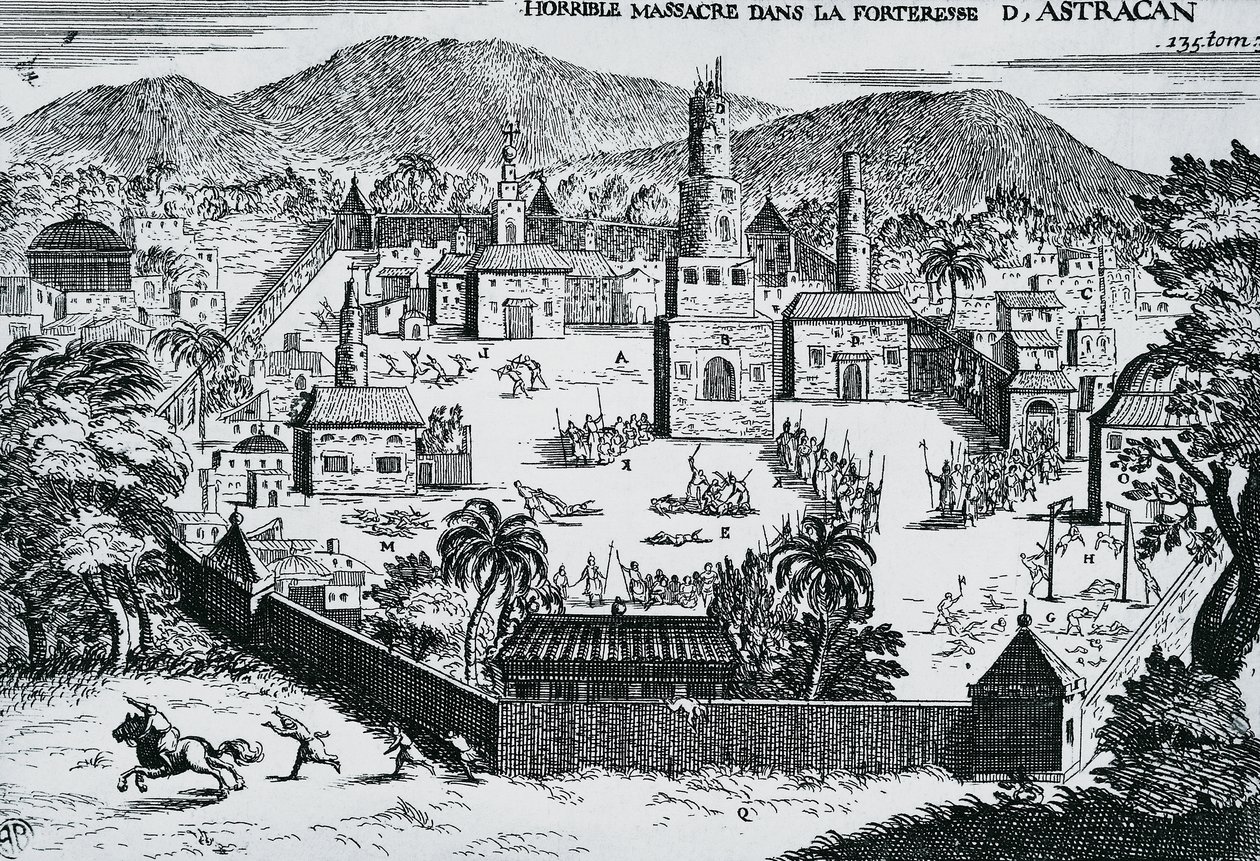 Kozacy pod wodzą Stepana Razina atakują twierdzę Astrachań w 1670 roku, Rosja autorstwa Walter Charles Mills