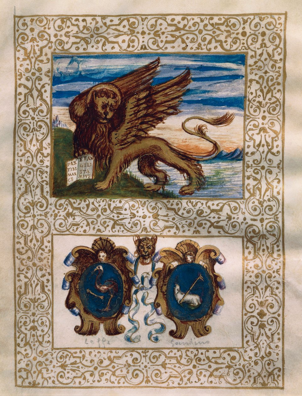 Skrzydlaty lew Wenecji oraz herby Leffe i Gandino, miniatura z Privilegio della Serenissima alla Val Gandino, 18 czerwca autorstwa Walter Charles Mills
