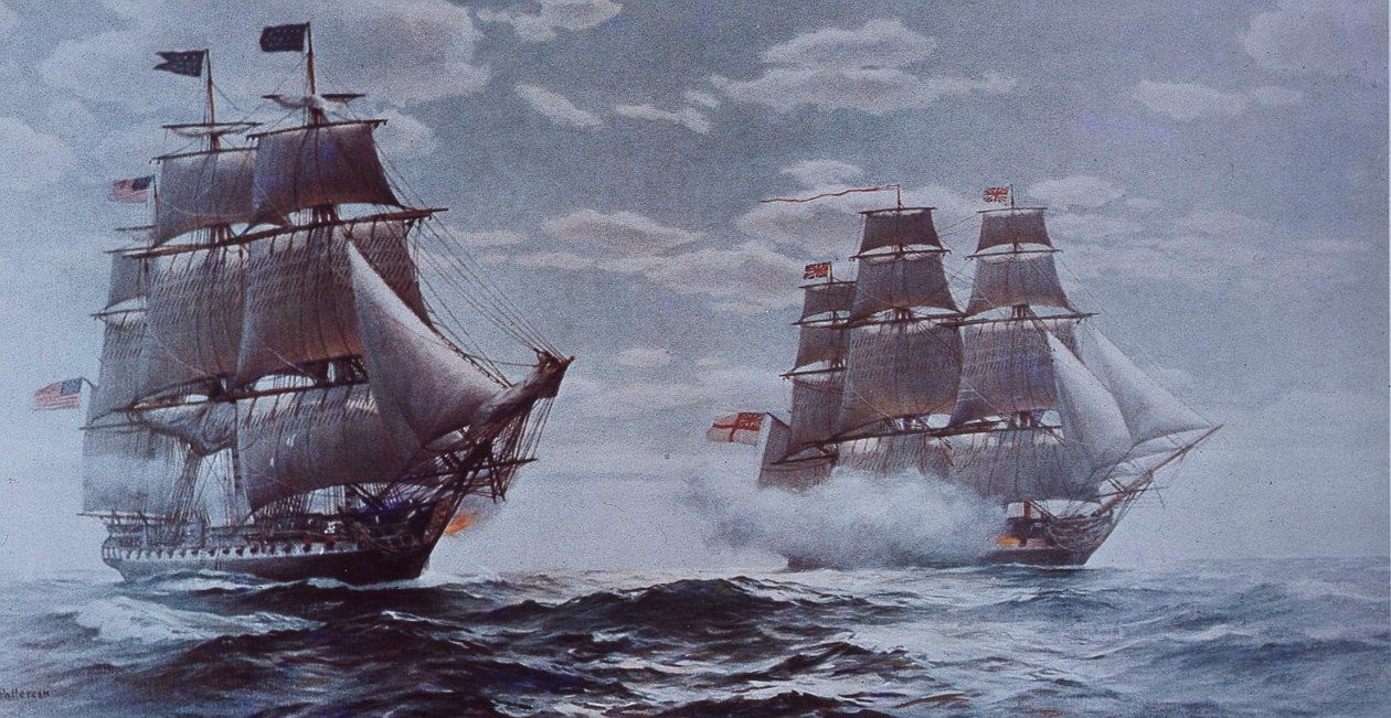 USS Constitution i HMS Java (kolor litowy) autorstwa Walter Charles Mills