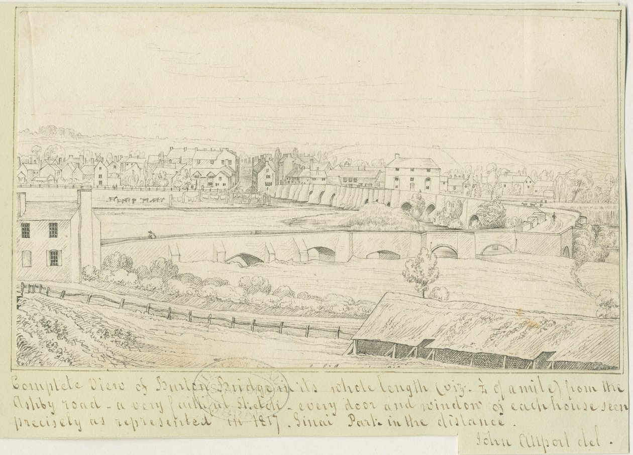 Burton-upon-Trent Bridge and Town: rysunek piórem, 1817 autorstwa John Allport