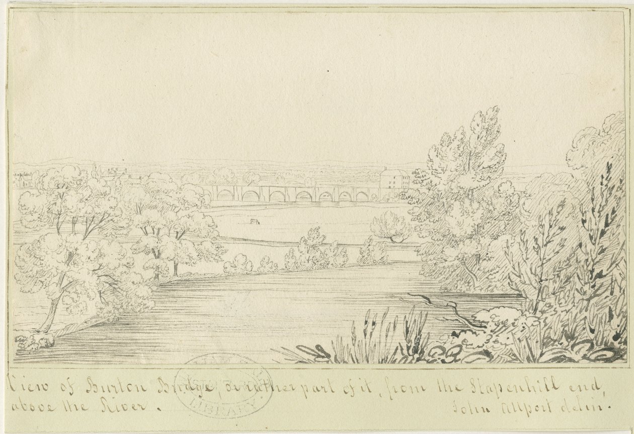 Burton-upon-Trent Bridge and Town: rysunek piórkiem, bd [c 1817] (rysunek) autorstwa John Allport