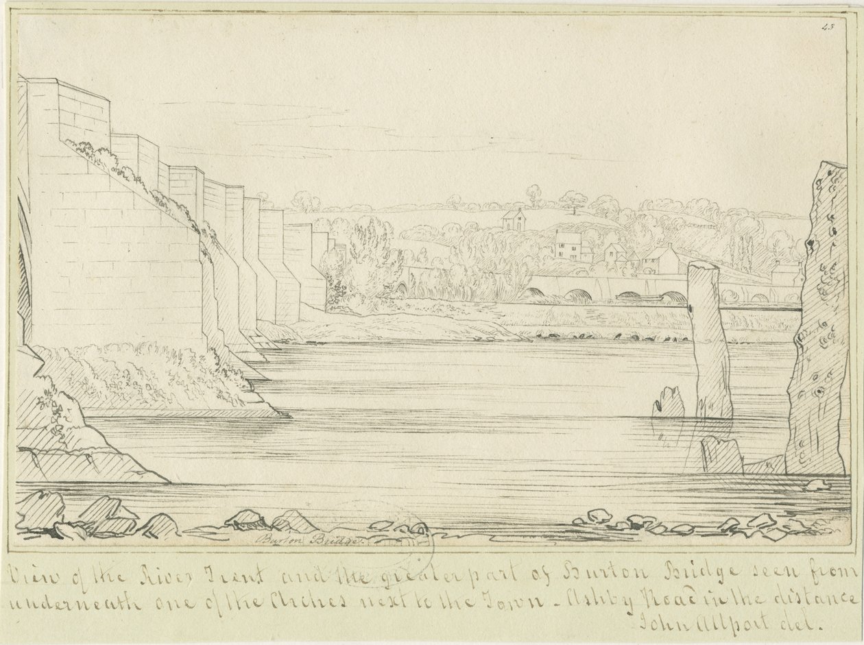 Burton-upon-Trent Bridge and Town: rysunek piórkiem, bd [c 1817] (rysunek) autorstwa John Allport