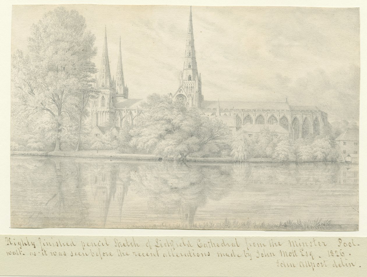 Katedra w Lichfield - południowy zachód Widok: rysunek ołówkiem autorstwa John Allport