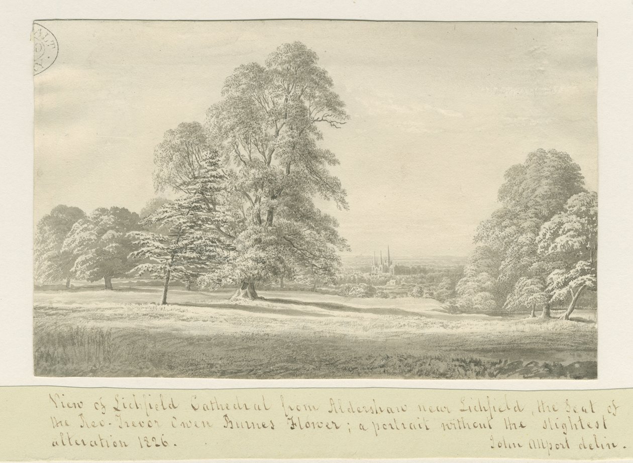Katedra w Lichfield - Widok z Aldershaw (odległy): rysunek w sepii autorstwa John Allport