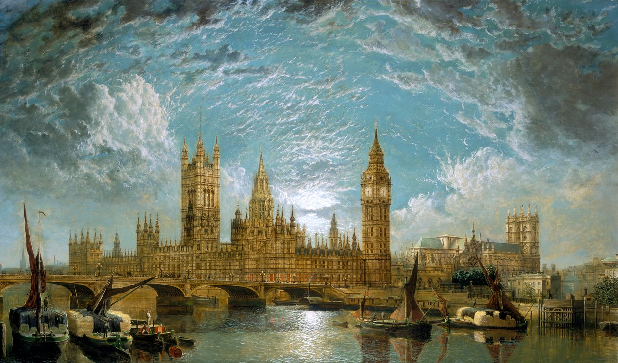 „Westminster Bridge, Houses of Parliament i Westminster Abbey widziane z rzeki”, 1872 autorstwa John Anderson