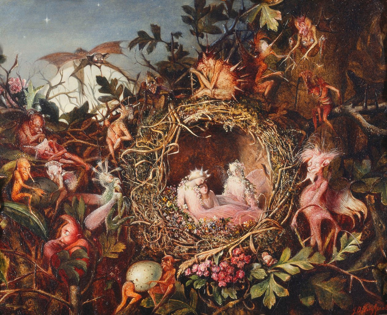 Wróżki w ptasim gnieździe, ok. 1860 r. autorstwa John Anster Fitzgerald