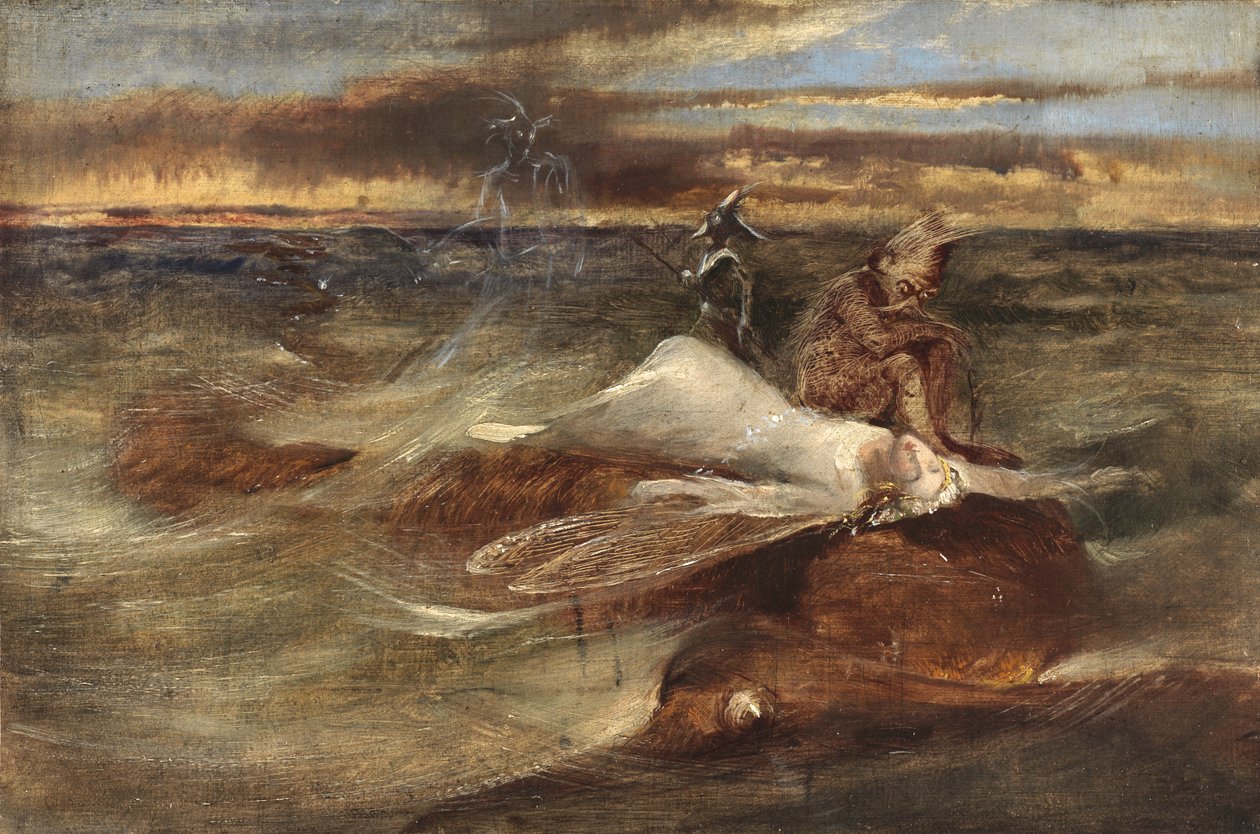 Wróżka i wąż morski (olej na płótnie ułożony na desce) autorstwa John Anster Fitzgerald