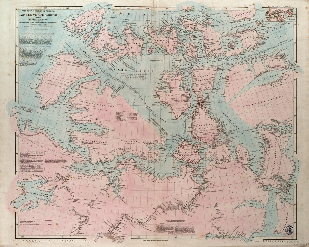 Arktyczne wybrzeża Ameryki od Zatoki Baffina do Przylądka Bathurst, pokazujące wybrzeża i rzeki zbadane przez oficerów kilku brytyjskich ekspedycji w latach 1818-1859. autorstwa John Arrowsmith