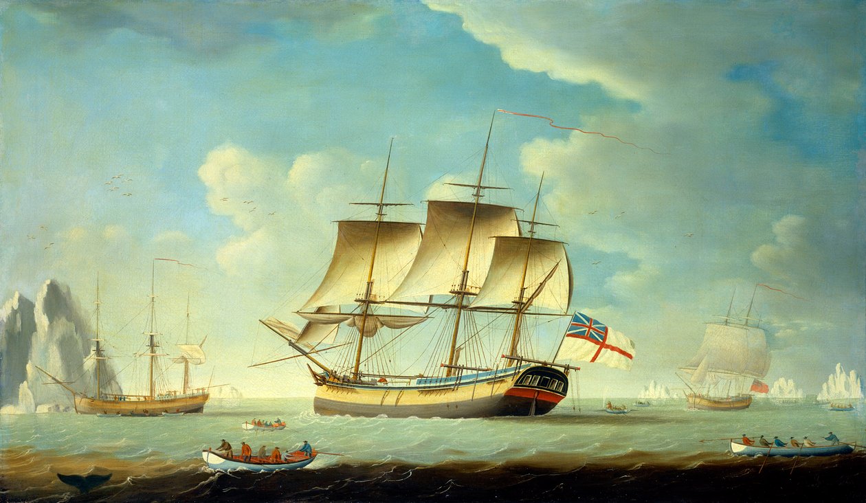 Wielorybnik i inne statki przy lekkiej bryzie, ok. 1790 (olej na płótnie) autorstwa John Askew