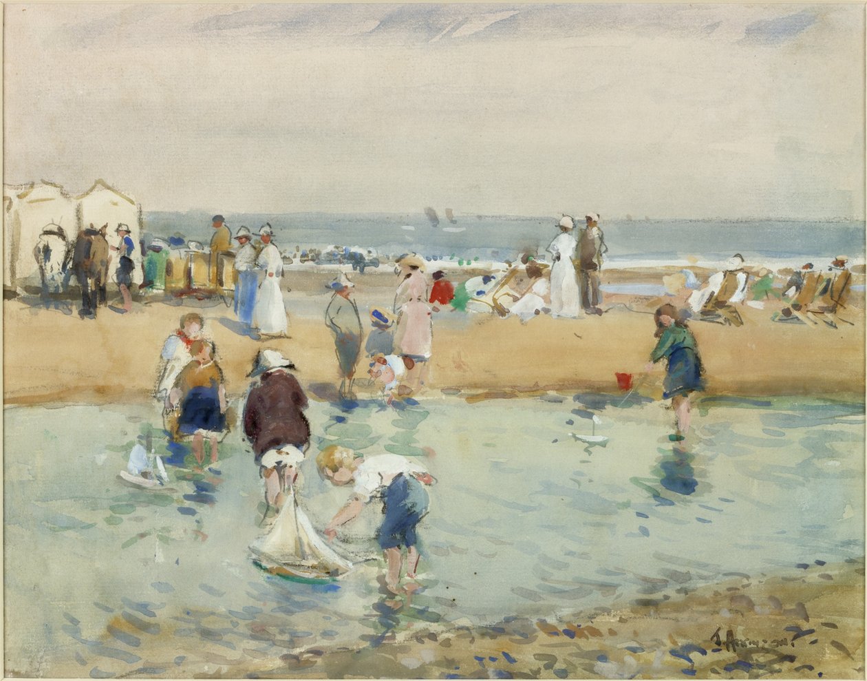 On the Beach, Whitley Bay (akwarela i body na papierze) autorstwa John Atkinson