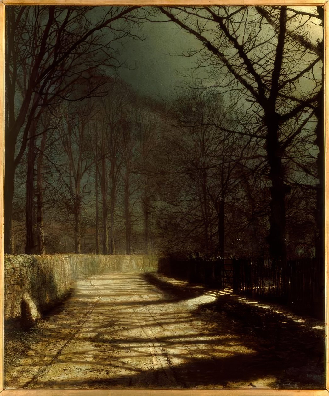 J.A.Grimshaw, Moonlit lane z dwójką kochanków przy bramie / Klejnot. autorstwa John Atkinson Grimshaw