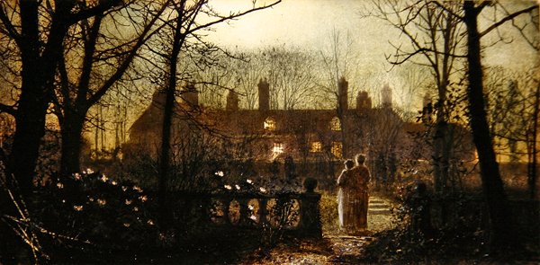 Scena księżycowa z dwiema postaciami (olej na panelu) autorstwa John Atkinson Grimshaw