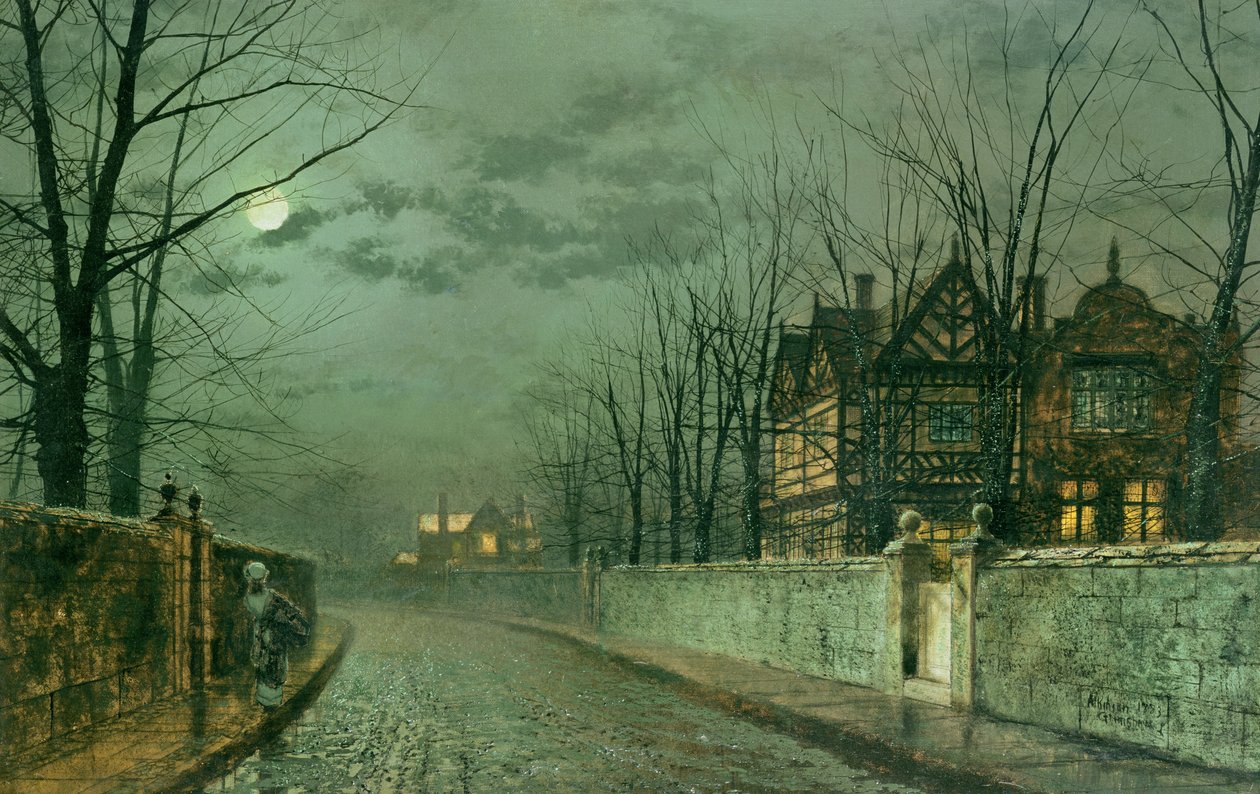Stary angielski dom, światło księżyca po deszczu, 1883 autorstwa John Atkinson Grimshaw