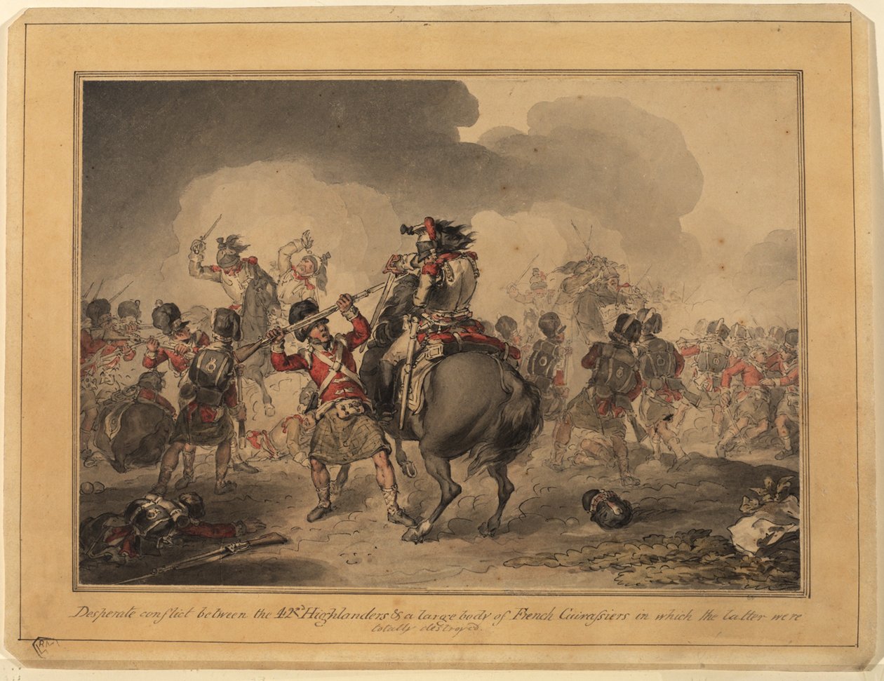 42nd Highlanders at Waterloo, 1815 (wc pióro i atrament na papierze) autorstwa John Augustus Atkinson