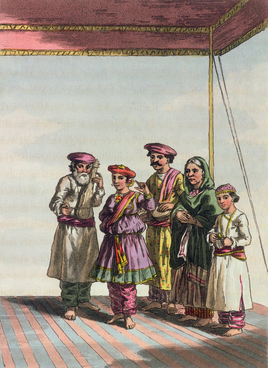 Dziewczyna tańcząca kuharwę, z „Obozu Mahratta”, 1813 (kolor grawerowany) autorstwa John Augustus Atkinson