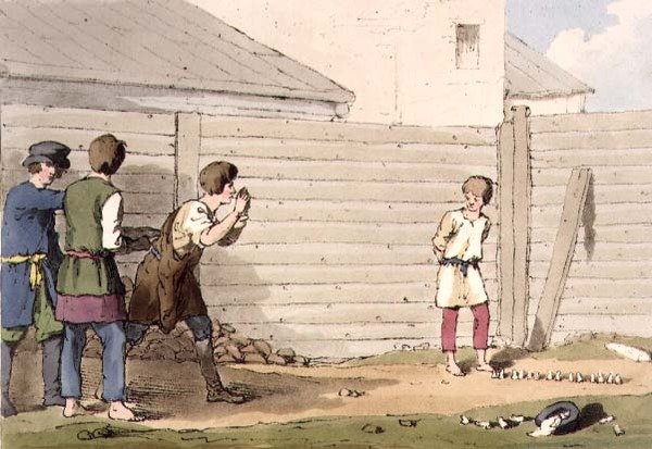 Babki, tablica 13 z tomu I „Maniery, obyczaje i zabawy Rosjan”, akwaforta artysty, wyd. 1803 (akwatinta) autorstwa John Augustus Atkinson