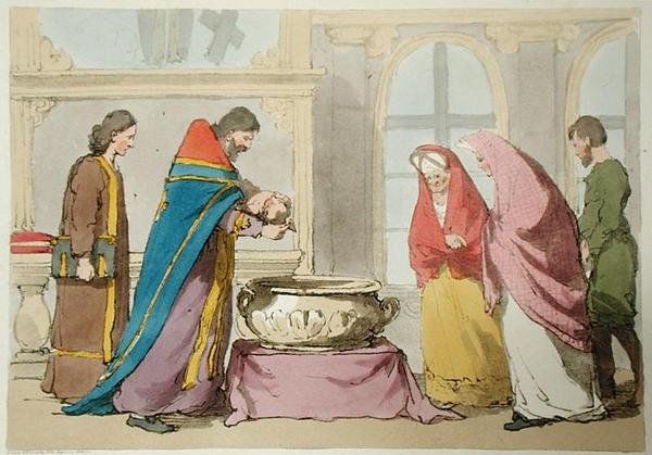 Chrzest, sztychowana przez artystę, wydana 1804 (kolor lito) autorstwa John Augustus Atkinson
