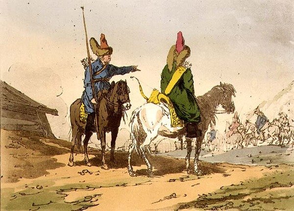 Baschkirs, tablica 8 z tomu I „Maniery, obyczaje i zabawy Rosjan”, akwaforta artysty, wyd. 1803 (akwatinta) autorstwa John Augustus Atkinson