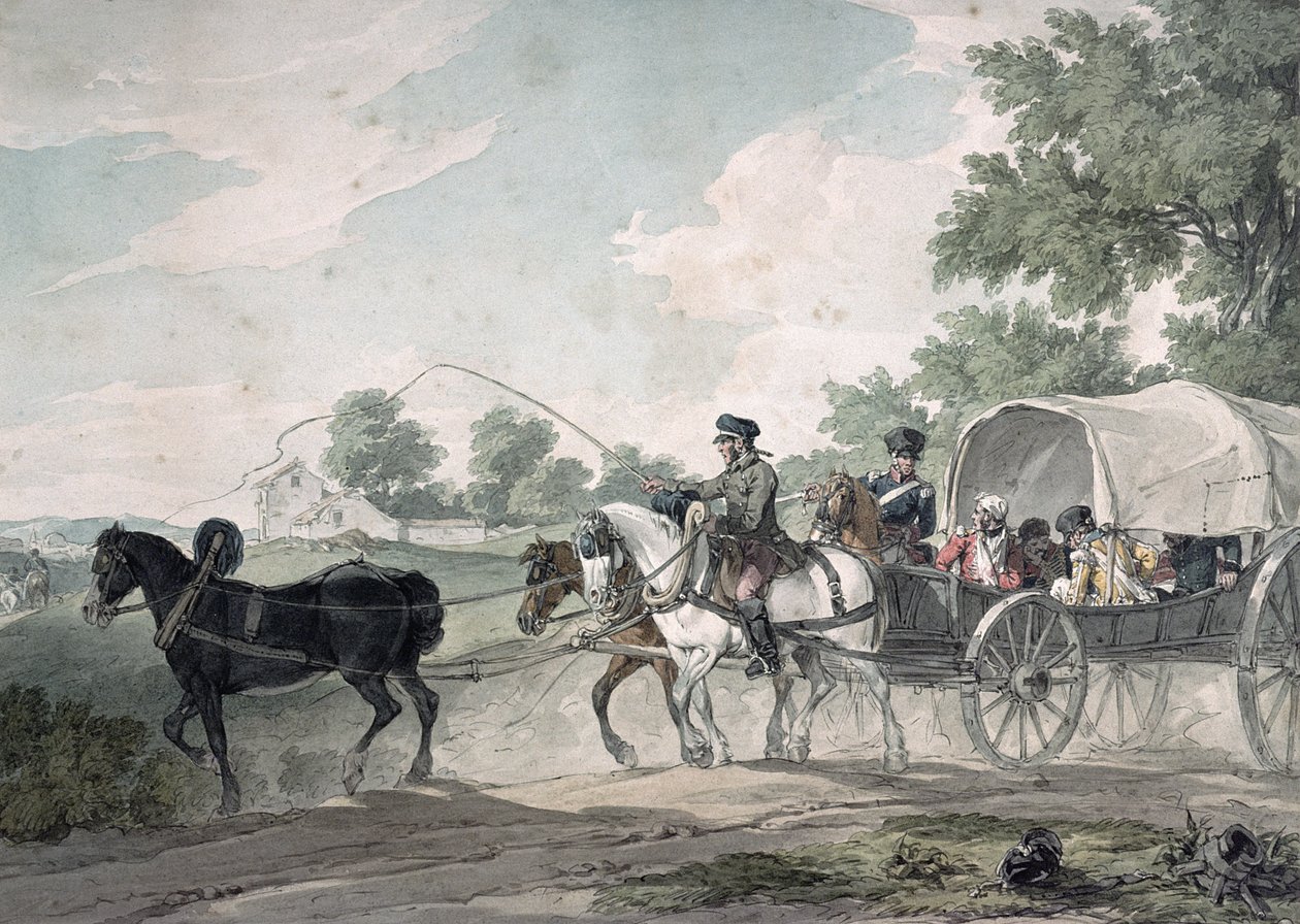 Wagon belgijski przewożący rannych z pola po bitwie pod Waterloo, 1815 autorstwa John Augustus Atkinson