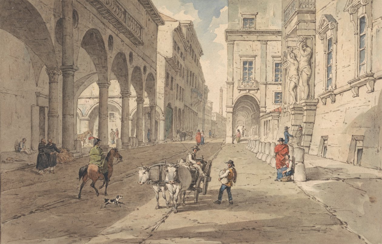 Bolonia, widok na Strada Maggiore autorstwa John Augustus Atkinson