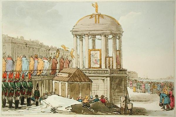 Konsekracja wód, sztychowana przez artystę, wydana 1804 (kolor lito) autorstwa John Augustus Atkinson