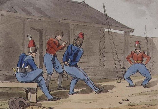 Taniec kozacki, płyta 17 z tomu I „Maniery, obyczaje i zabawy Rosjan”, sztychowana przez artystę, wyd. 1803 (akwatinta) autorstwa John Augustus Atkinson