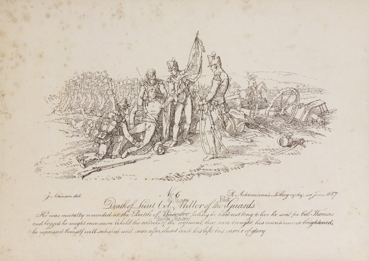 Śmierć podpułkownika Williama Millera z 1. Gwardii w bitwie pod Quatre Bas autorstwa John Augustus Atkinson