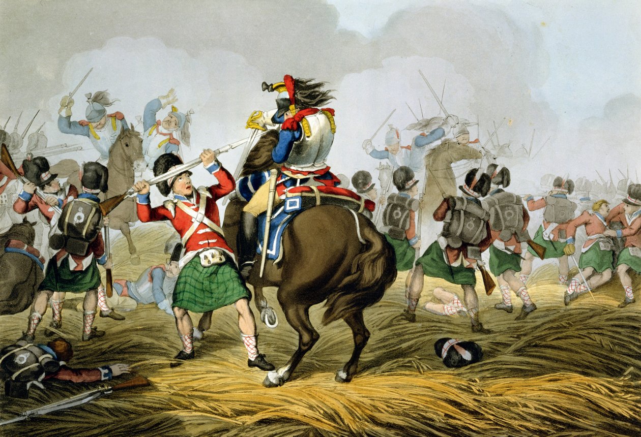 Francuscy kirasjerzy w bitwie pod Waterloo, zaatakowani i pokonani przez Highlanders i Scots Greys, rycina autorstwa Matthew Dubourg (fl.1813-20) z "Historic, Military and Naval Anecdotes", pub. przez E autorstwa John Augustus Atkinson