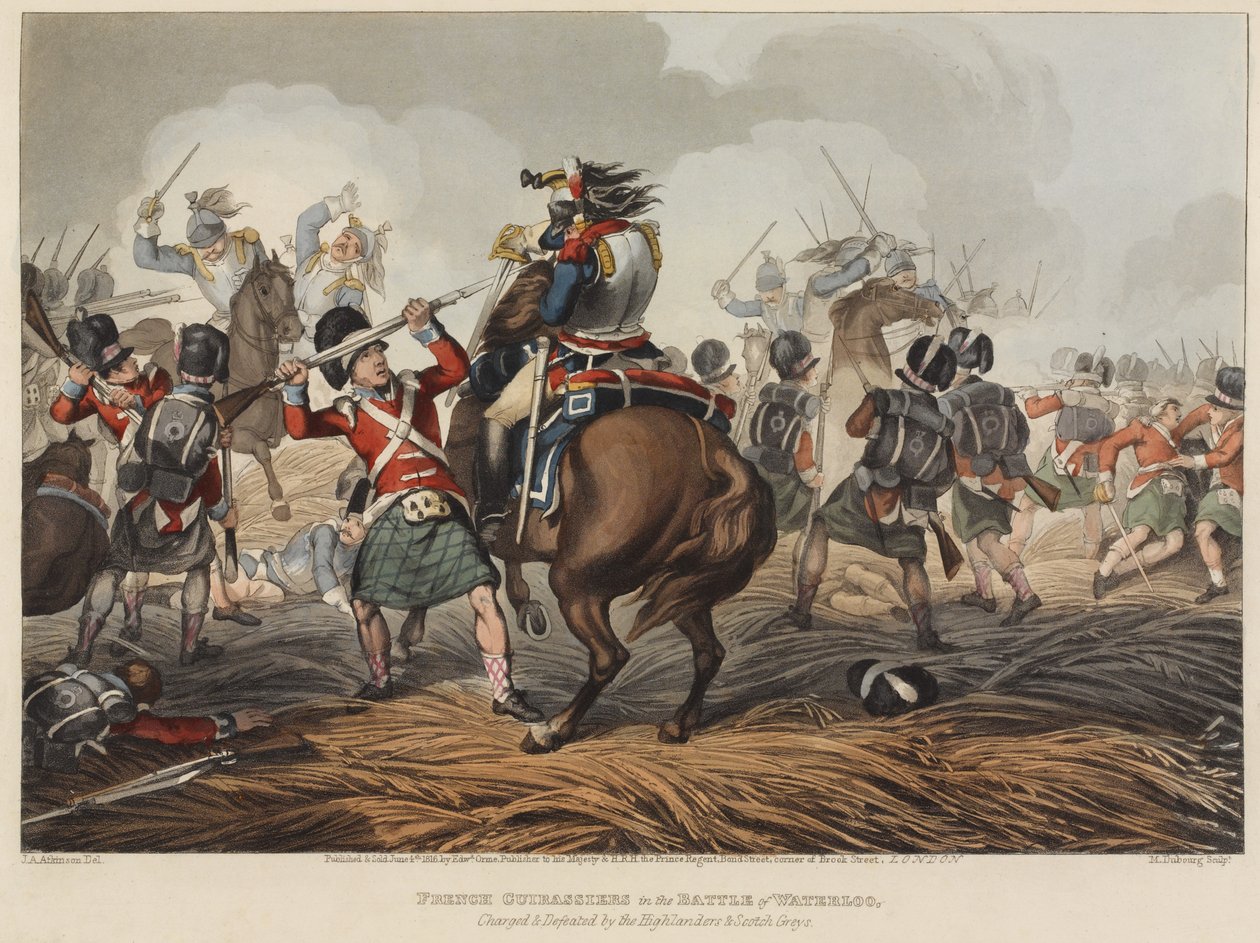 Francuscy kirasjerzy w bitwie pod Waterloo zaatakowani i pokonani przez górali i szaraków szkockich, ryty przez M. Dubourga, 1819 (kolorowa akwatinta) autorstwa John Augustus Atkinson