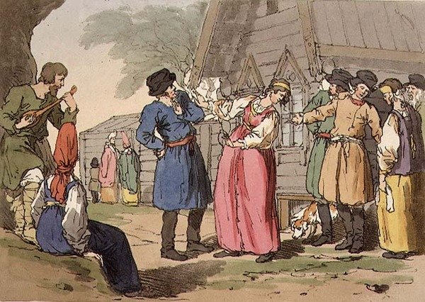 Golubtza, tablica 86 z tomu III „Maniery, obyczaje i zabawy Rosjan”, sztychowana przez artystę, wyd. 1804 (akwatinta) autorstwa John Augustus Atkinson