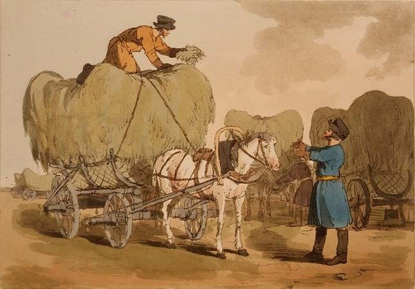Wozy z sianem, tablica 60 z tomu II „Maniery, obyczaje i zabawy Rosjan”, akwaforta artysty, wyd. 1804 (akwatinta) autorstwa John Augustus Atkinson