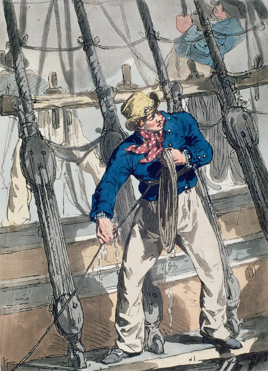 Heaving the Lead z "Costume of Great Britain", rycina artysty, wyd. William Miller i James Walker, 1807 (akwaforta barwna) autorstwa John Augustus Atkinson