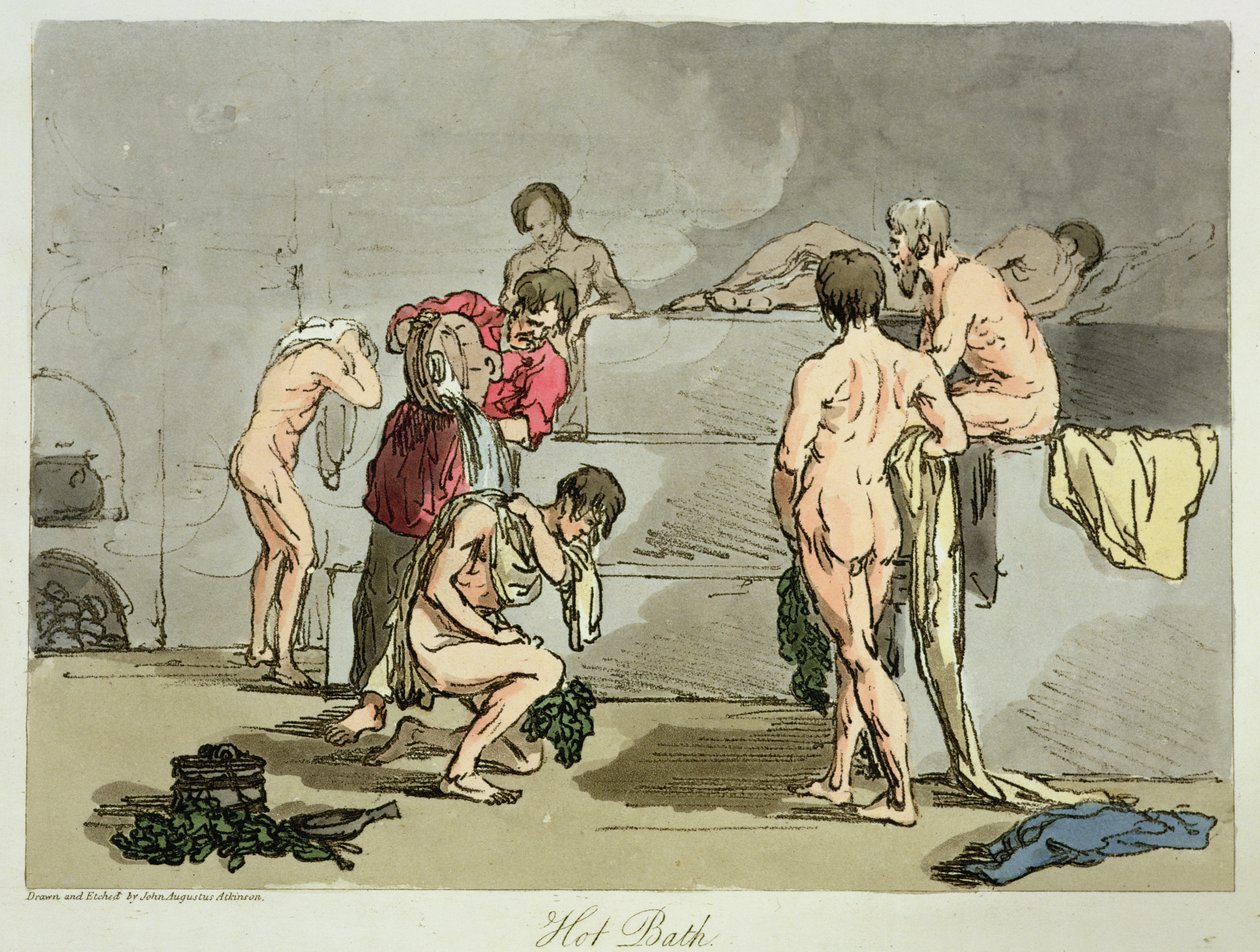 Gorąca Kąpiel, tablica 73 z tomu III „Maniery, obyczaje i zabawy Rosjan”, akwaforta artysty, wyd. 1804 (akwatinta) autorstwa John Augustus Atkinson