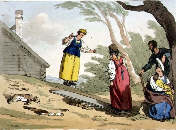Skoki na desce, tablica 54 z tomu II „Maniery, obyczaje i zabawy Rosjan”, sztychowana przez artystę, wyd. 1804 (akwatinta) autorstwa John Augustus Atkinson