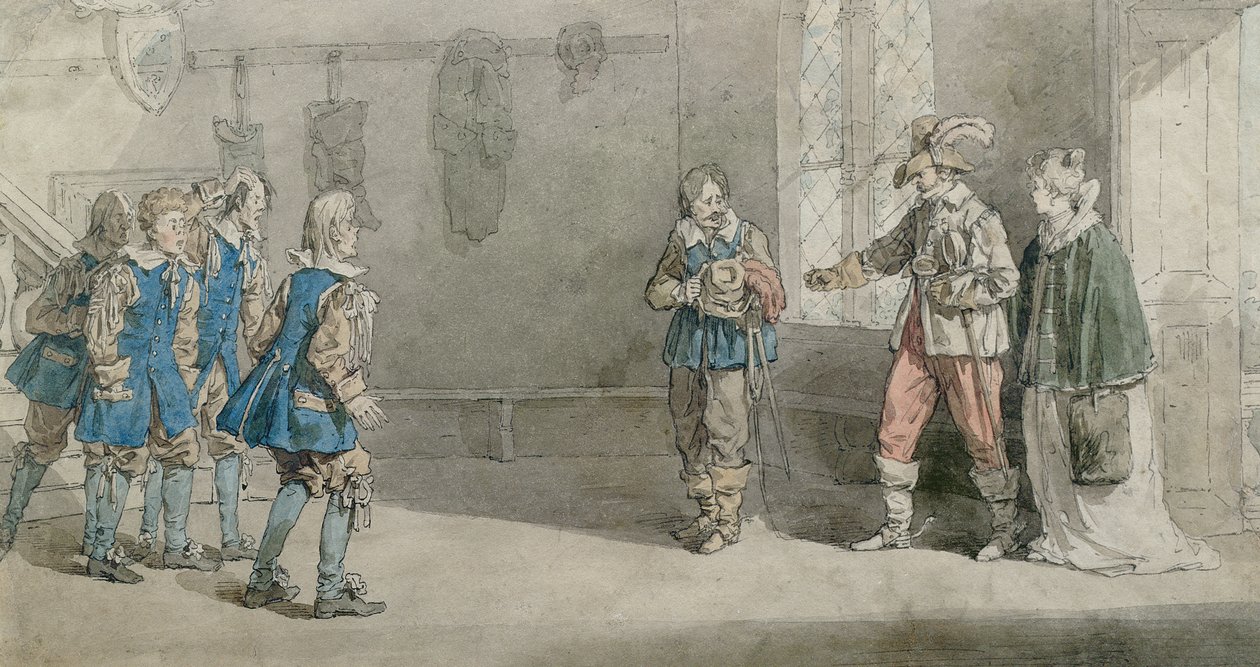 Petruchio, Katarina i służba w scenie z „Poskromienia złośnicy”, ok. 1815 (pióro i toaleta na papierze) autorstwa John Augustus Atkinson