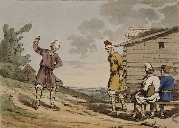 Taniec polski, tablica 96 z tomu III „Maniery, obyczaje i zabawy Rosjan”, akwaforta artysty, wyd. 1804 (akwatinta) autorstwa John Augustus Atkinson