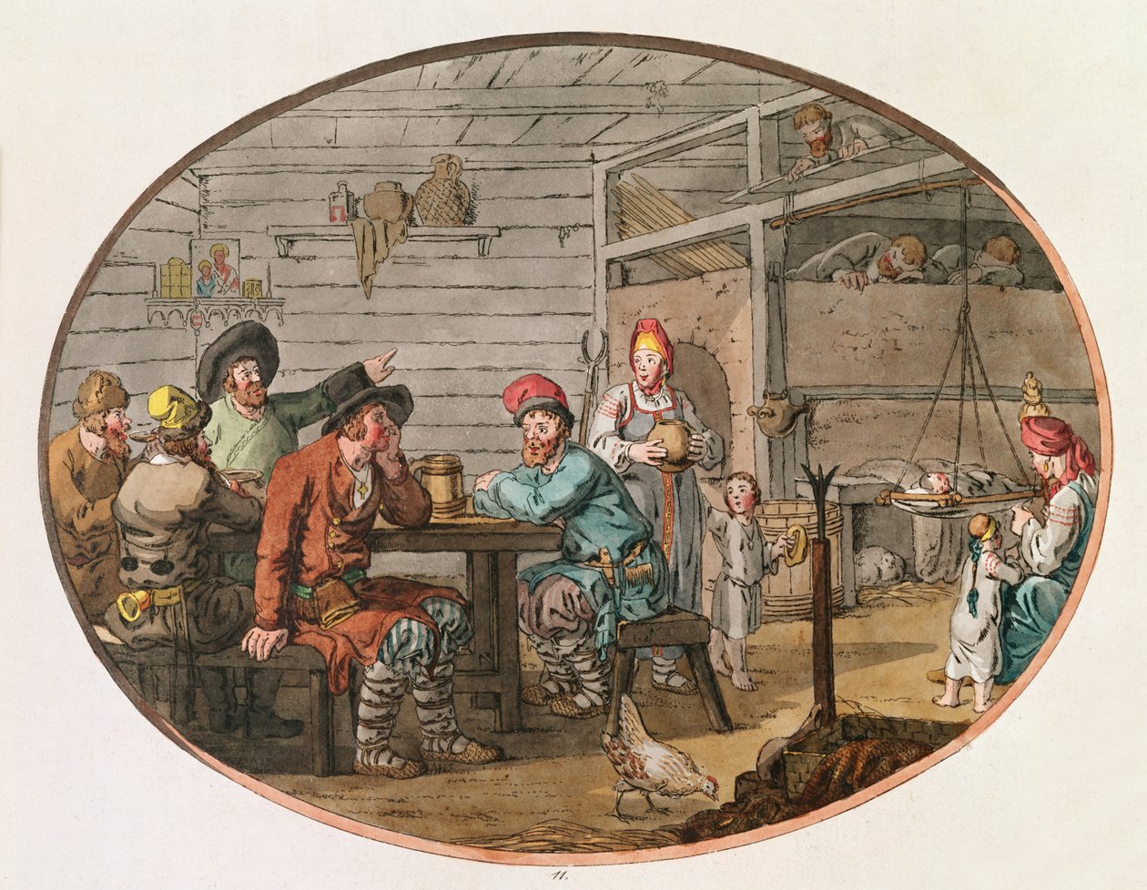 Rosyjska chata chłopska, 1798 (akwaforta ręcznie kolorowana) autorstwa John Augustus Atkinson