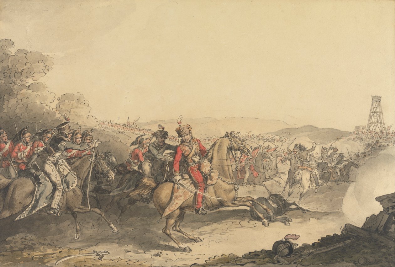 Markiz Anglesey ranny podczas prowadzenia szarży ciężkiej kawalerii pod koniec bitwy pod Waterloo autorstwa John Augustus Atkinson