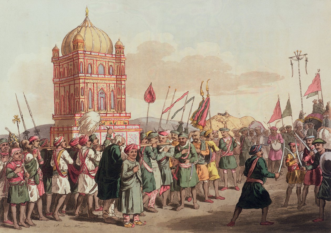 Procesja Taziya, z „A Mahratta Camp”, 5 kwietnia 1813 (kolorowe grawerowanie) autorstwa John Augustus Atkinson