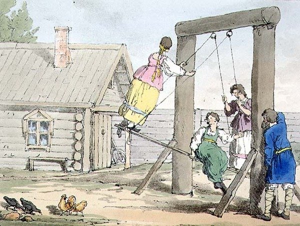 Huśtawka, tablica 84 z tomu III „Maniery, obyczaje i zabawy Rosjan”, akwaforta artysty, wyd. 1804 (akwatinta) autorstwa John Augustus Atkinson