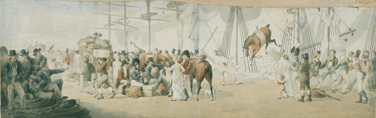Wyżywienie żołnierzy i koni w Margate (Anglia), około 1800 roku. Akwarela (17,8x54 cm) autorstwa Johna Augustusa Atkinsona (1775-1833), początek XIX wieku. autorstwa John Augustus Atkinson