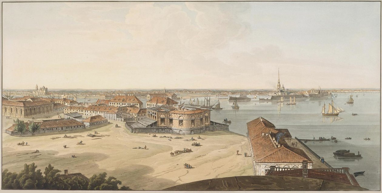 Widok na Mierzeję Wyspy Wasiljewskiej i Twierdzę Piotra i Pawła, między 1802 a 1805 r autorstwa John Augustus Atkinson