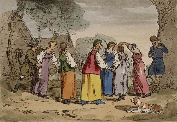 Rozrywki wiejskie, tablica 82 z tomu III „Maniery, obyczaje i zabawy Rosjan”, rytowana przez artystę, wyd. 1804 (akwatinta) autorstwa John Augustus Atkinson