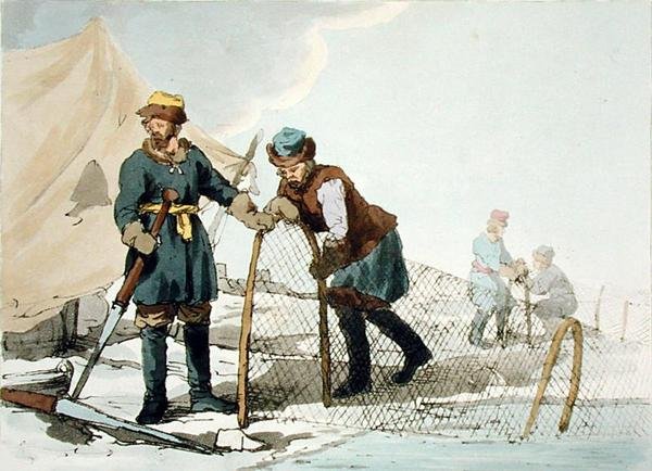 Winter Fishing, sztychowana przez artystę, wydana 1804 (kolor lito) autorstwa John Augustus Atkinson