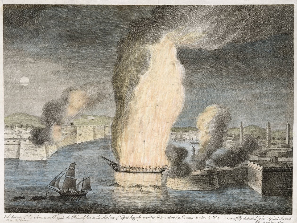 The Burning of American Fregat [sic] Filadelfia w porcie w Trypolisie, 1805 (ręcznie kolorowana linia grawerowana na papierze wykładanym) autorstwa John B. Guerazzi