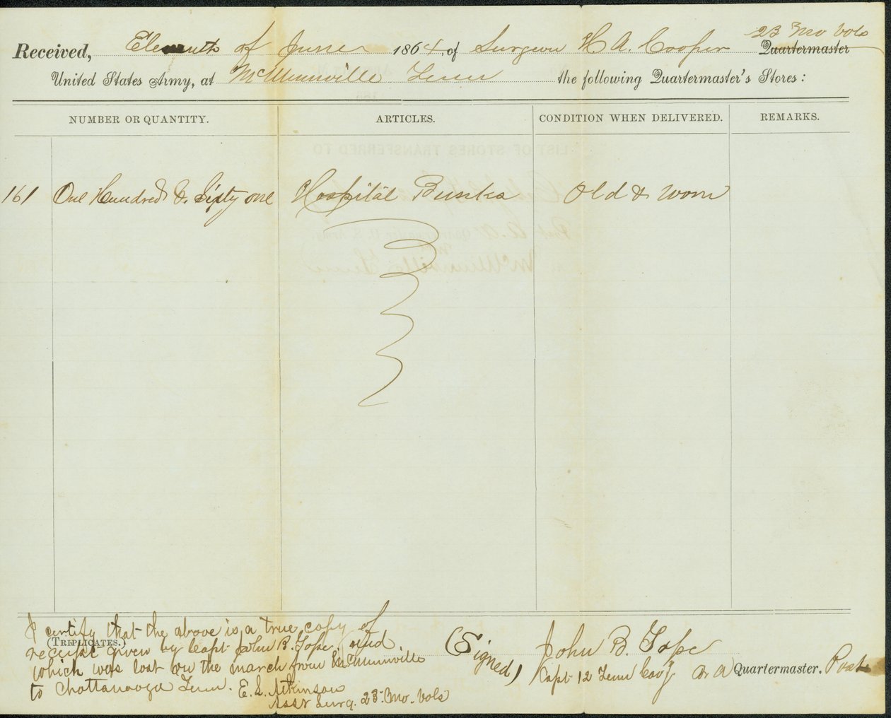 Współczesna kopia paragonu ze sklepów kwatermistrza, oryginał podpisany John B. Tope, kapitan 12. Kawalerii Tennessee, 11 czerwca 1864 autorstwa John B. Tope