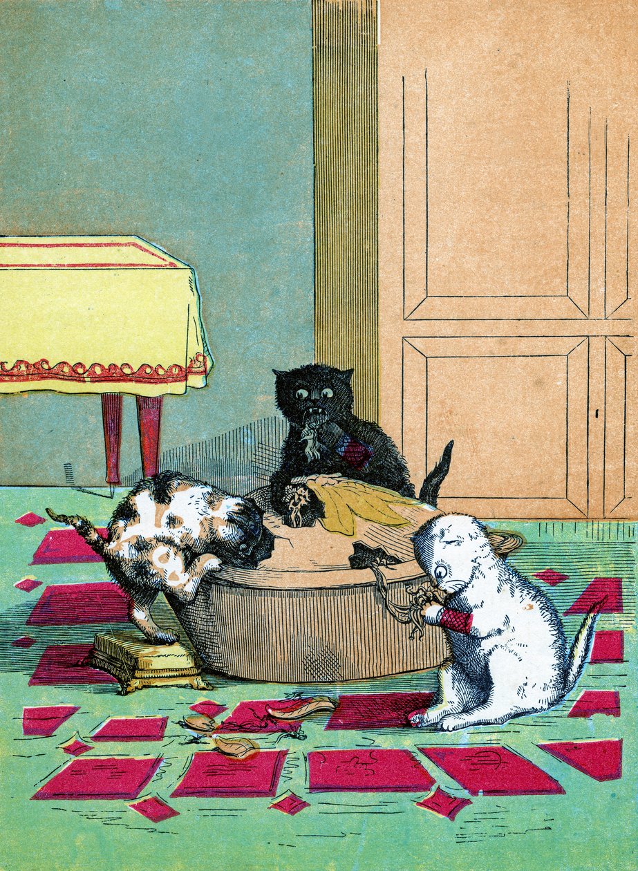 Trzy małe kocięta w rękawiczkach i jedzące ciasto, ilustracja z filmu „Trzy małe kocięta” 1859 autorstwa John Ballantyne